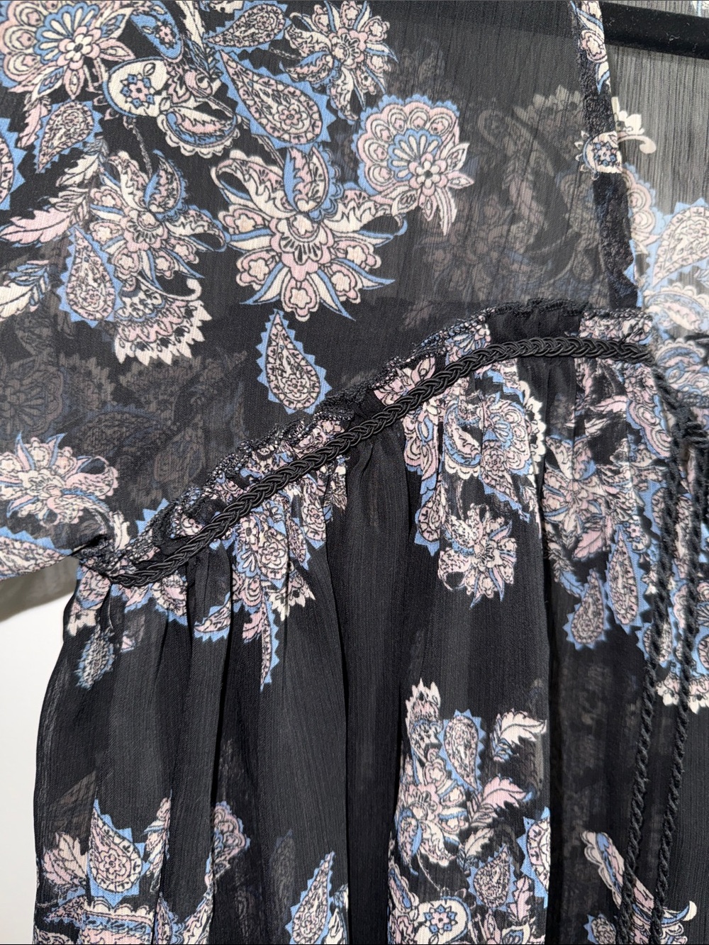 Boho Sheer Black Floral Tie-Neck Women's Top - Picture 3 of 5